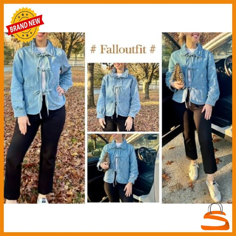 Denim Jacket with Tie Front Peter Pan Collar Loose Fit Top - Picture 5 of 8